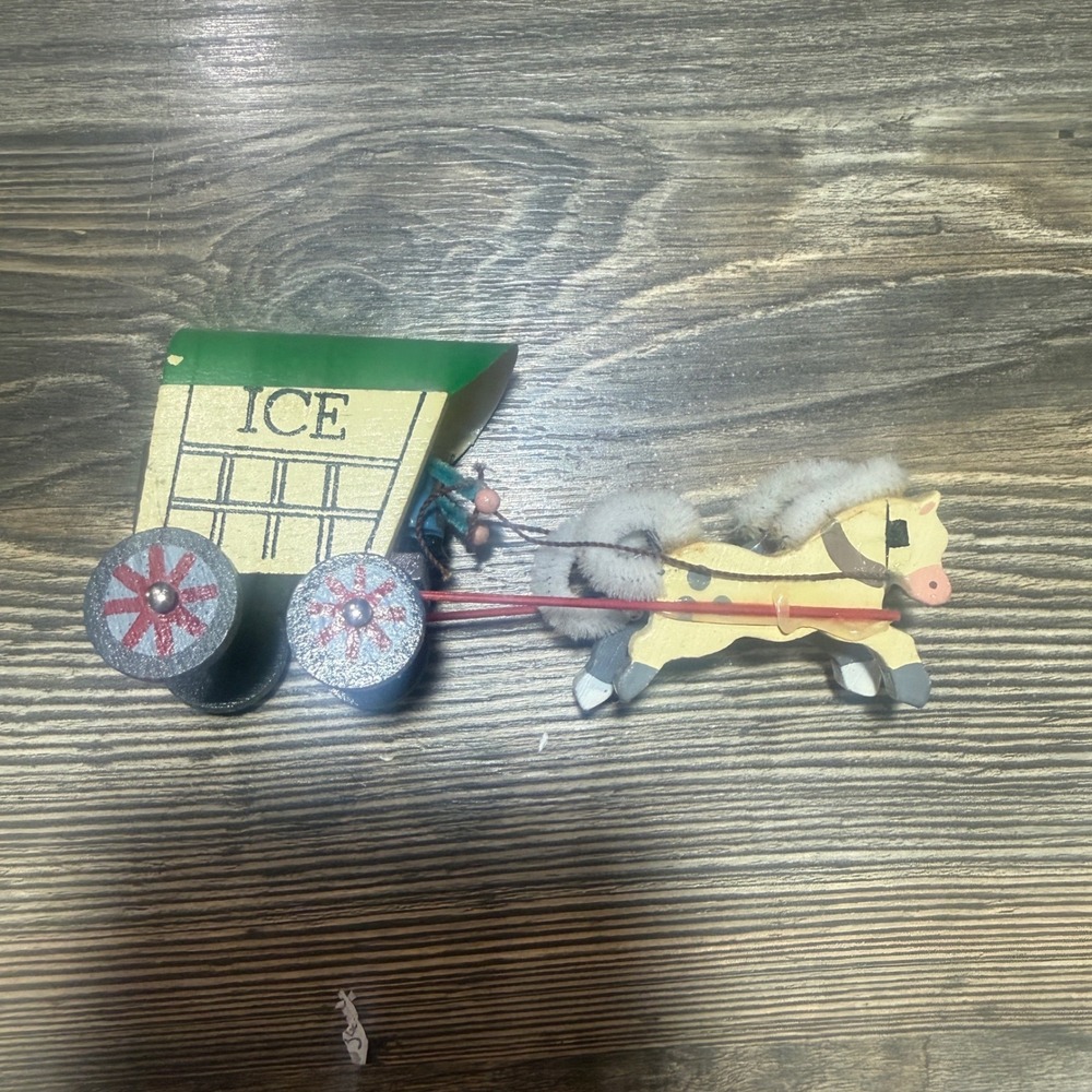 Vintage Wooden Horse Drawn Ice Wagon Ornament Miniature Hand Painted Folk Art